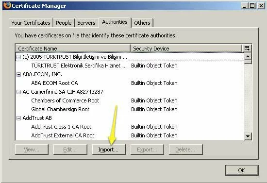 Screenshot showing the Certificate Manager dialog in Firefox.