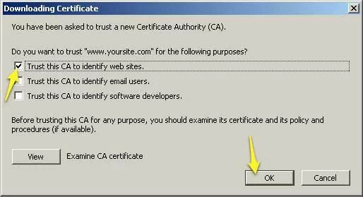 Screenshot showing how to configure Firefox to use your self-signed certificate as a Certificate Authority.