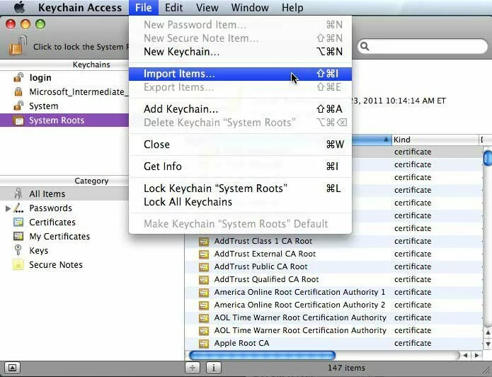 Screenshot showing how to being importing a self-signed certificate into Keychain Access (for use by Safari).