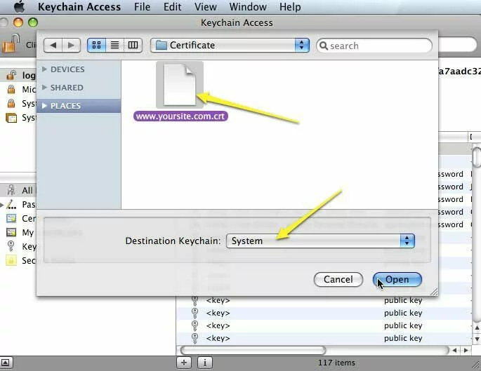 Screenshot showing how to import a self-signed certificate into OS X "System" keychain (for use by Safari).