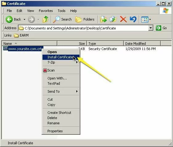 Screenshot showing how to begin installing a self-signed certificate for Internet Explorer.