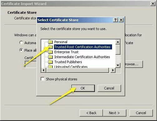 Screenshot showing how to specify that the Certificate Import Wizard should install the self-signed certificate as a Certificate Authority.