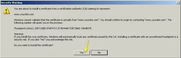 Screenshot showing the warning / confirmation message displayed by the Windows Certificate Import Wizard.