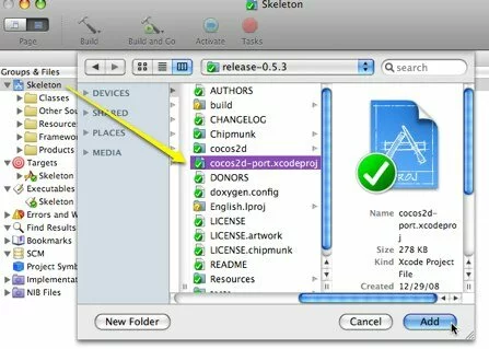 Screenshot showing a second Xcode project file being selected so that we can add a reference to it.