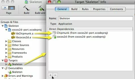 Screenshot showing an Xcode executable target being configured to depend on static libraries that are built from a cross-project reference.