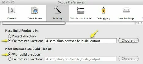 Screenshot showing how the Xcode preference dialog and how to configure Xcode to use a global build output directory.