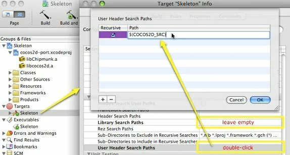 Screenshot showing how to configure the Xcode "User Header Search Paths" for a library that is being included via cross-project reference.