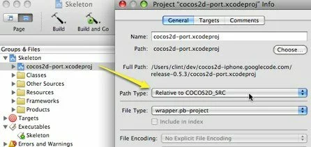 Screenshot showing the Xcode "Project Info" dialog for a project added via cross-project reference.