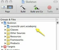 Screenshot showing how the Cocos2d-iphone Xcode project appears as a "sub project" once it has been added to the main "Skeleton" project.